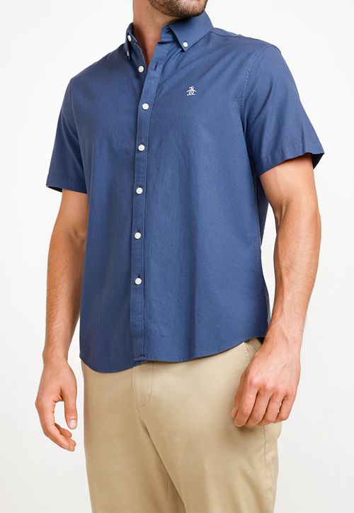 Camisa Manga Corta Hombre Algodón Liso Azul