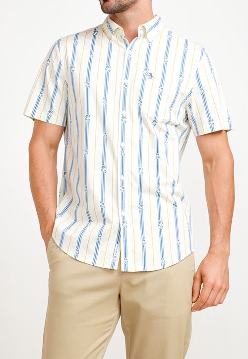 Camisa Manga Corta Hombre Algodón Estampado Beige