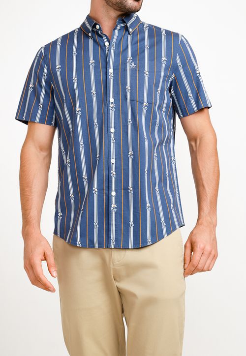 Camisa Manga Corta Hombre Algodón Estampado Azul