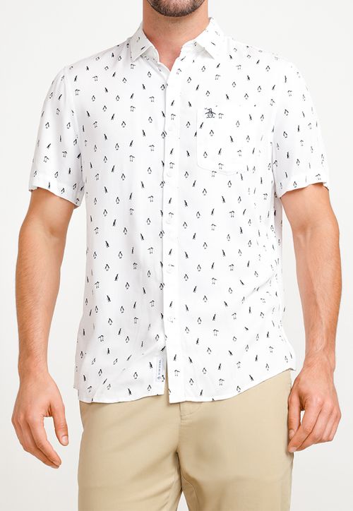 Camisa Manga Corta Hombre Algodón Estampado Blanco